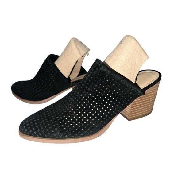 Marc Fisher Ripley Perforated Black Leather Mules With Stacked Heel Size 8M - Picture 1 of 16